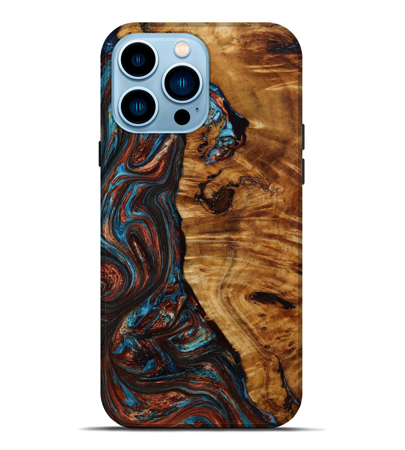iPhone 14 Pro Max Wood+Resin Live Edge Phone Case - Luther (Teal & Gold, 647394)