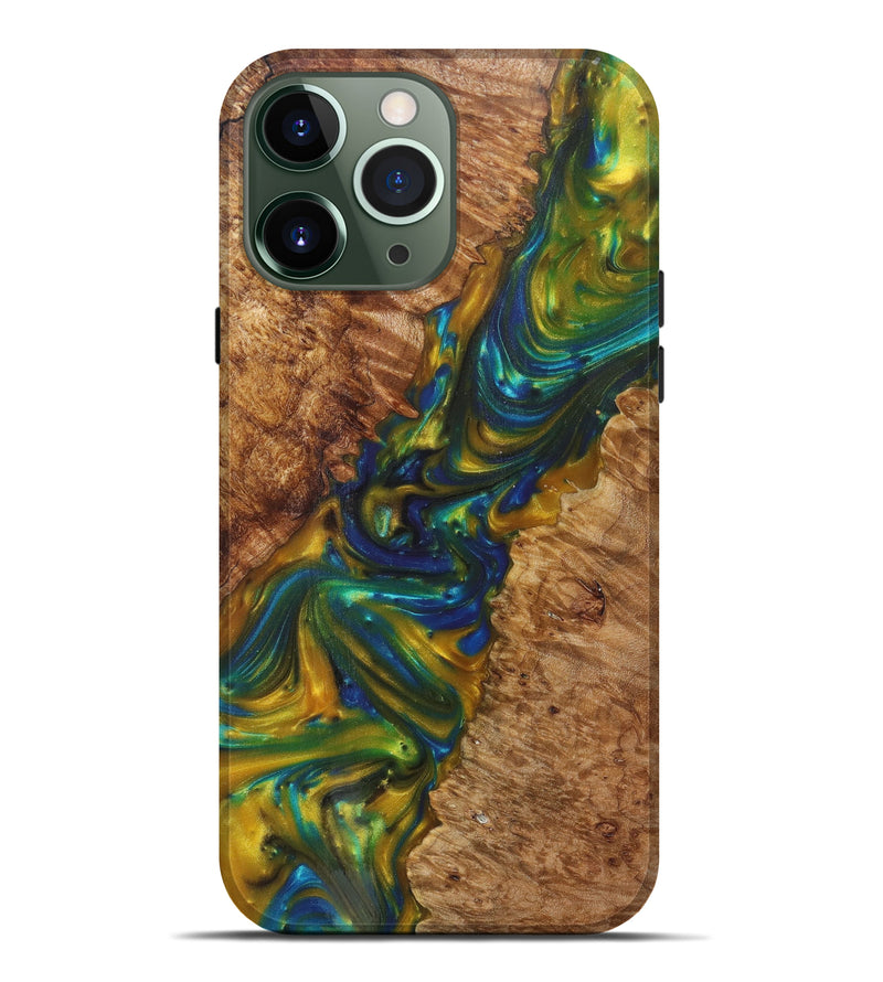 iPhone 13 Pro Max Wood+Resin Live Edge Phone Case - Noa (Teal & Gold, 626352)
