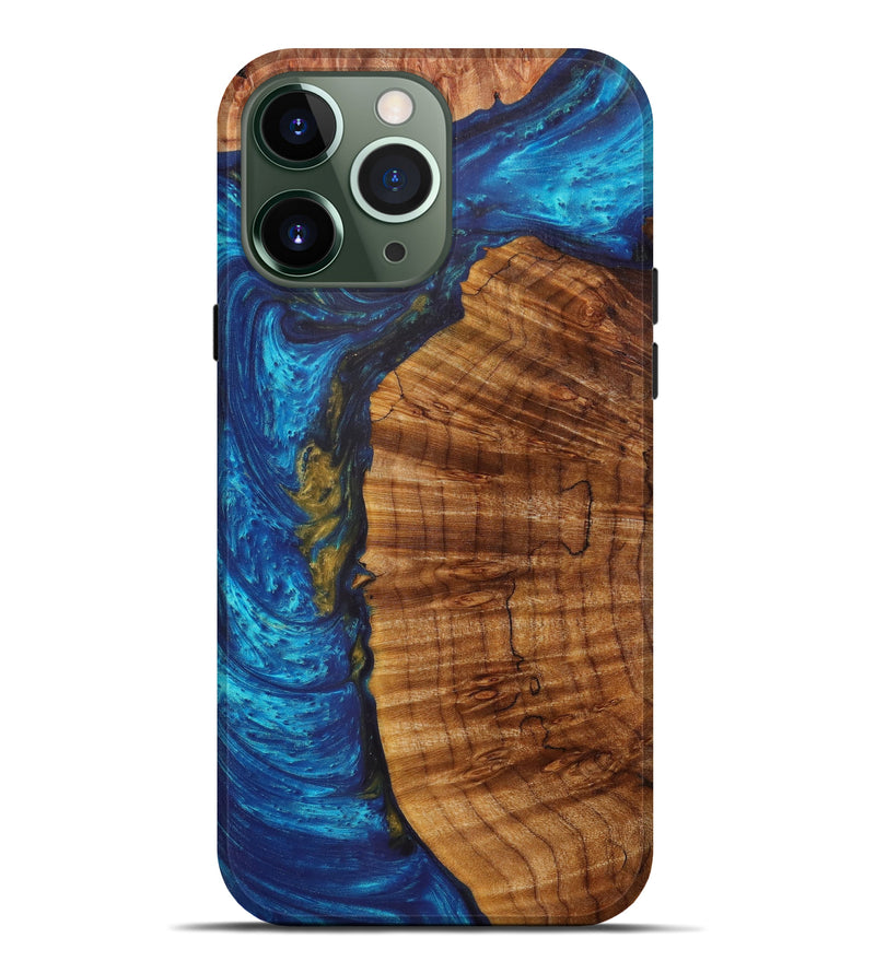 iPhone 13 Pro Max Wood+Resin Live Edge Phone Case - Brianna (Teal & Gold, 610365)
