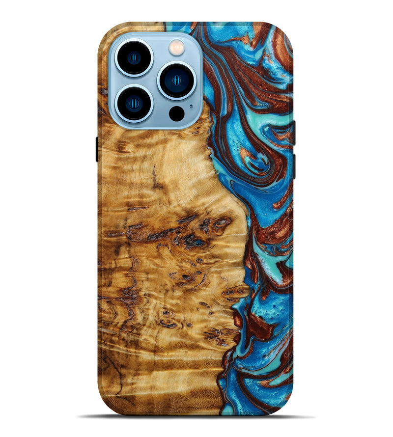 iPhone 14 Pro Max Wood+Resin Live Edge Phone Case - Brenda (Teal & Gold, 641964)
