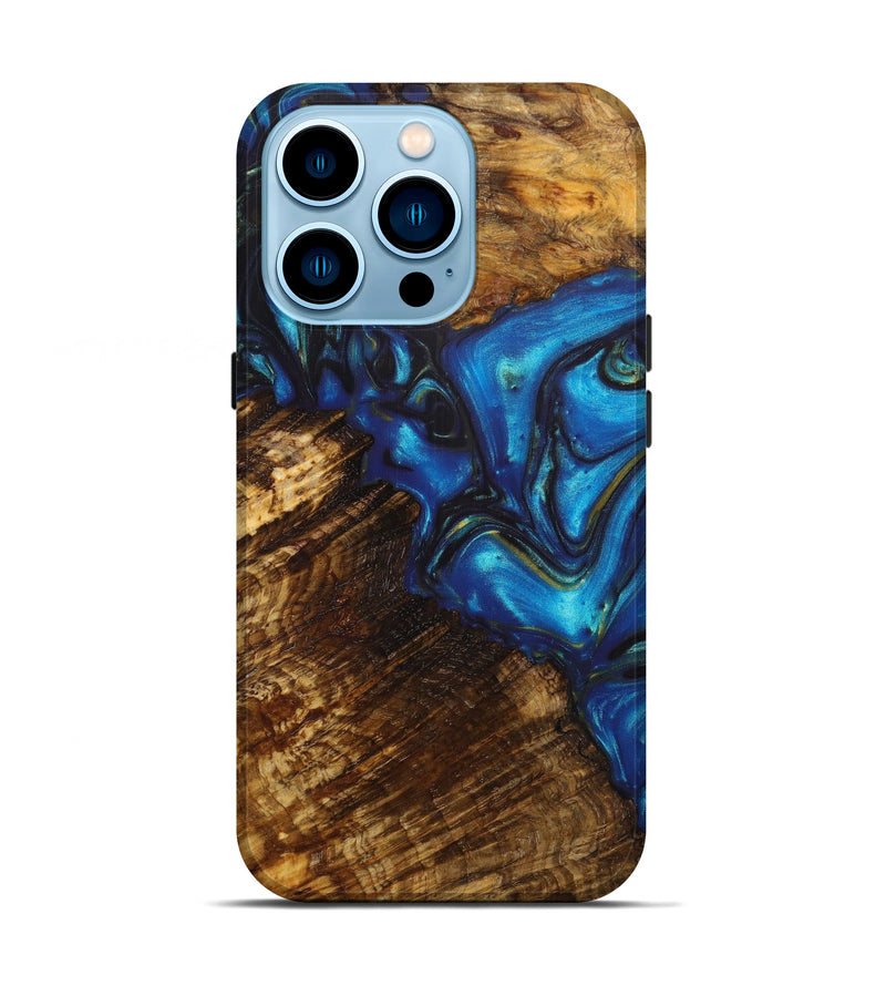 iPhone 14 Pro Wood+Resin Live Edge Phone Case - Bernard (Teal & Gold, 636197)