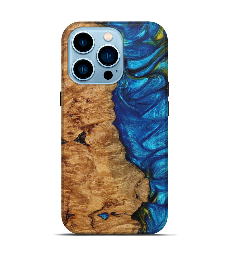 iPhone 14 Pro Wood+Resin Live Edge Phone Case - Charles (Teal & Gold, 616898)