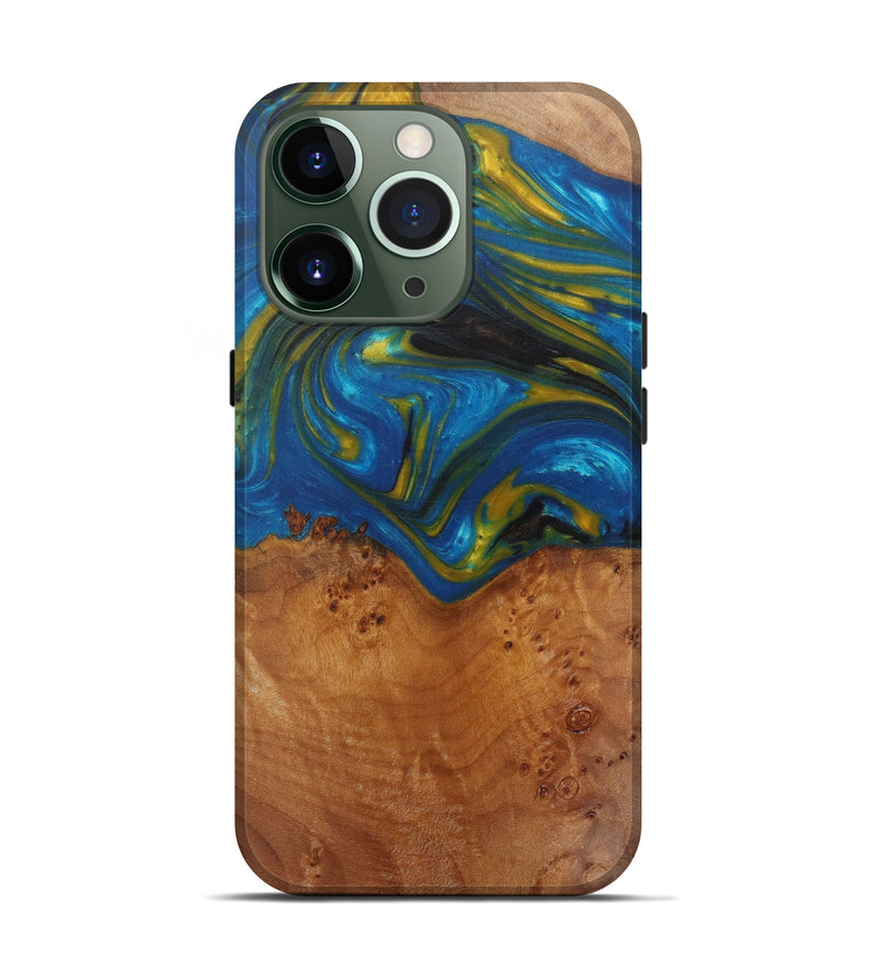 iPhone 13 Pro Wood+Resin Live Edge Phone Case - Phillie (Teal & Gold, 590664)