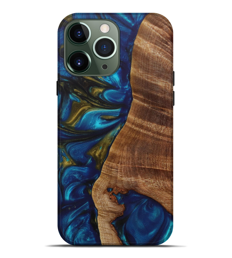 iPhone 13 Pro Max Wood+Resin Live Edge Phone Case - Ardis (Teal & Gold, 619550)
