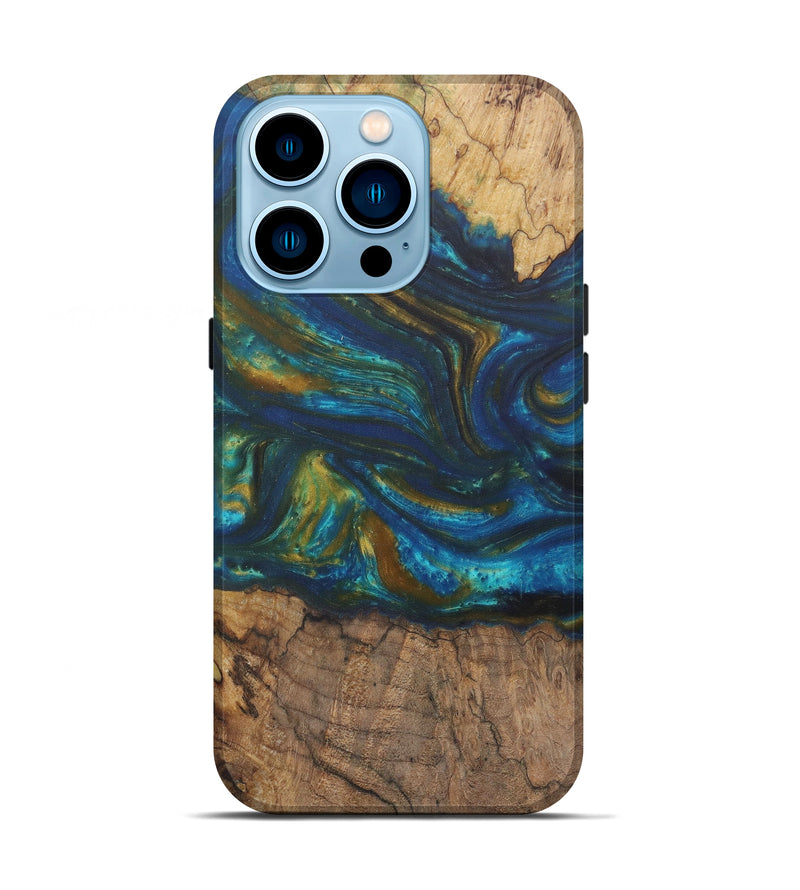 iPhone 14 Pro Wood+Resin Live Edge Phone Case - Bendite (Teal & Gold, 592350)