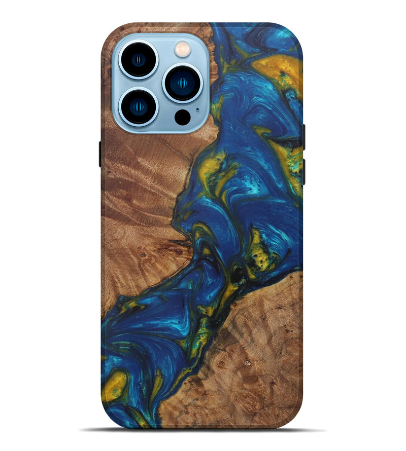 iPhone 14 Pro Max Wood+Resin Live Edge Phone Case - Osiris (Teal & Gold, 592352)