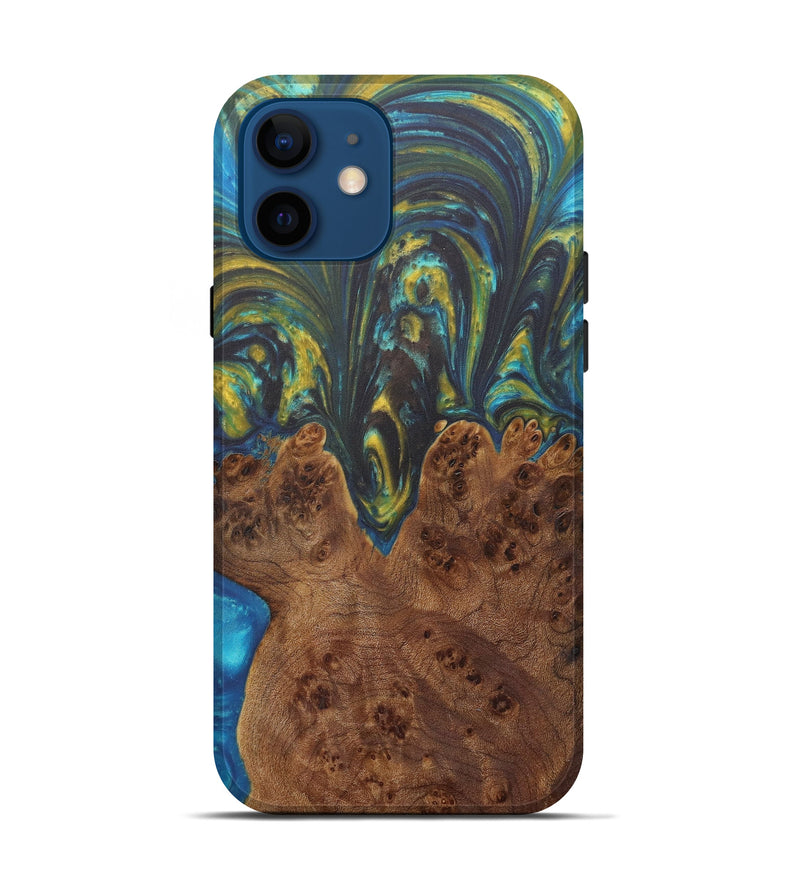 iPhone 12 Wood+Resin Live Edge Phone Case - Margarete (Teal & Gold, 574856)
