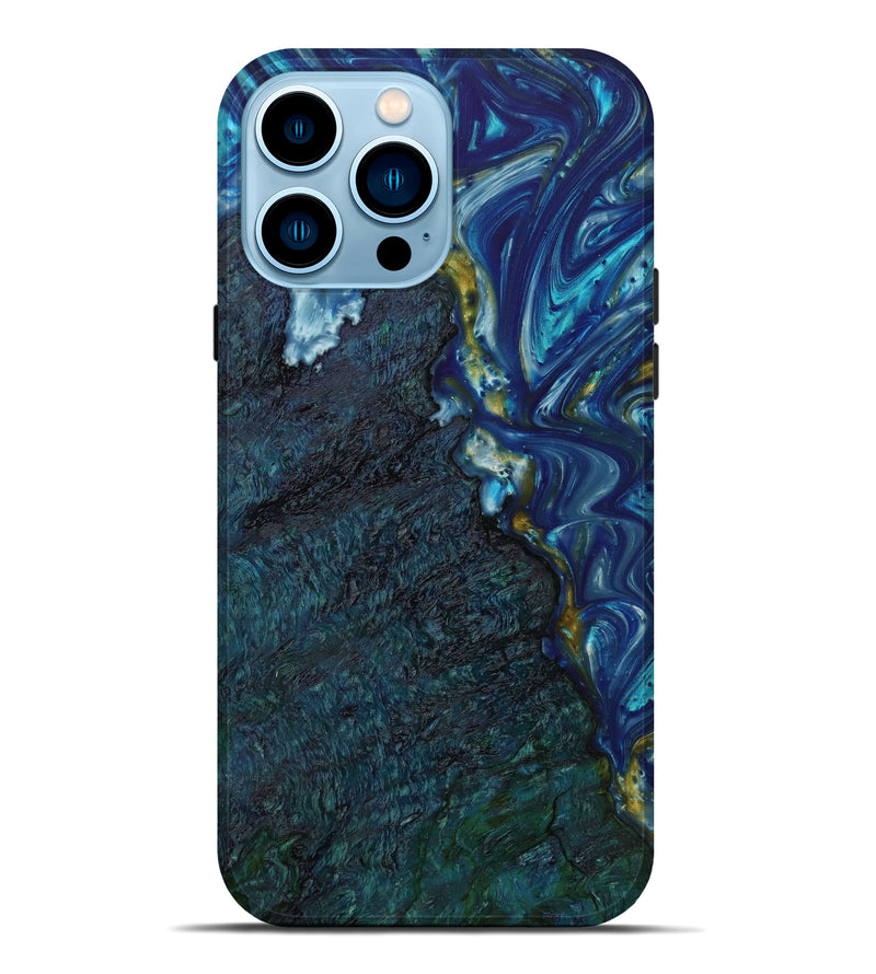 iPhone 14 Pro Max Wood+Resin Live Edge Phone Case - Chelsea (Teal & Gold, 646034)