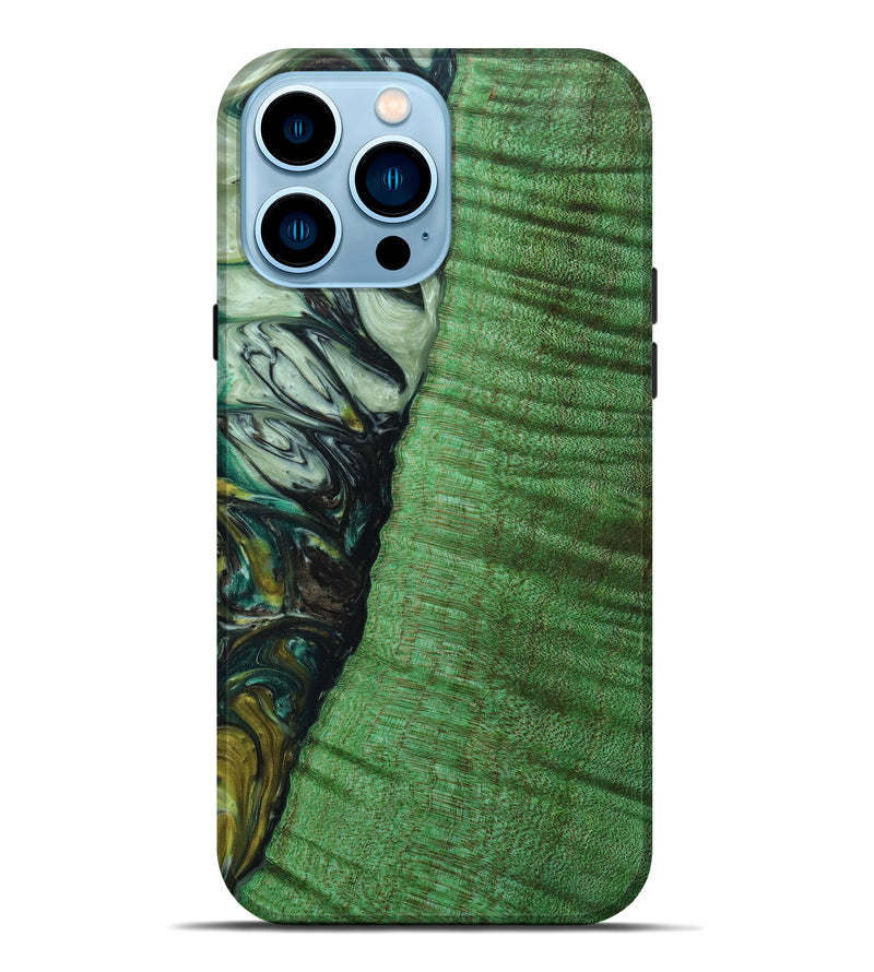 iPhone 14 Pro Max Wood+Resin Live Edge Phone Case - Terence (Green, 641128)