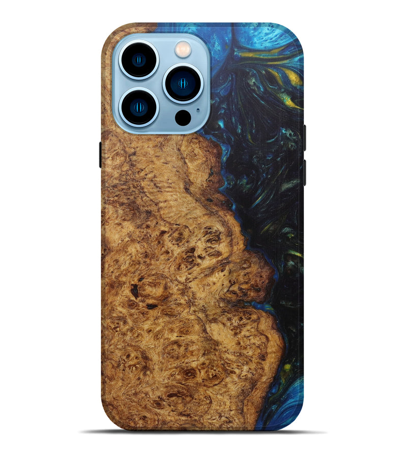iPhone 14 Pro Max Wood+Resin Live Edge Phone Case - Lucienne (Teal & Gold, 599180)