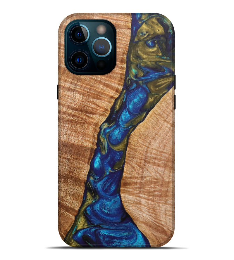 iPhone 12 Pro Max Wood+Resin Live Edge Phone Case - Bryn (Teal & Gold, 629563)