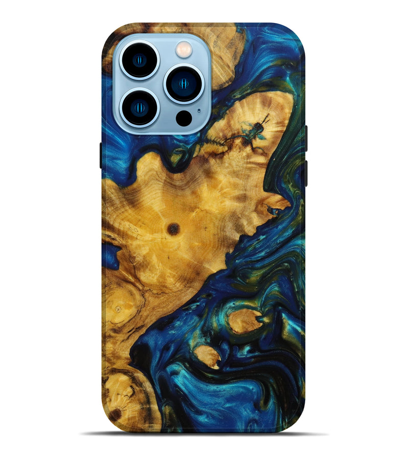 iPhone 14 Pro Max Wood+Resin Live Edge Phone Case - Baylee (Teal & Gold, 642678)