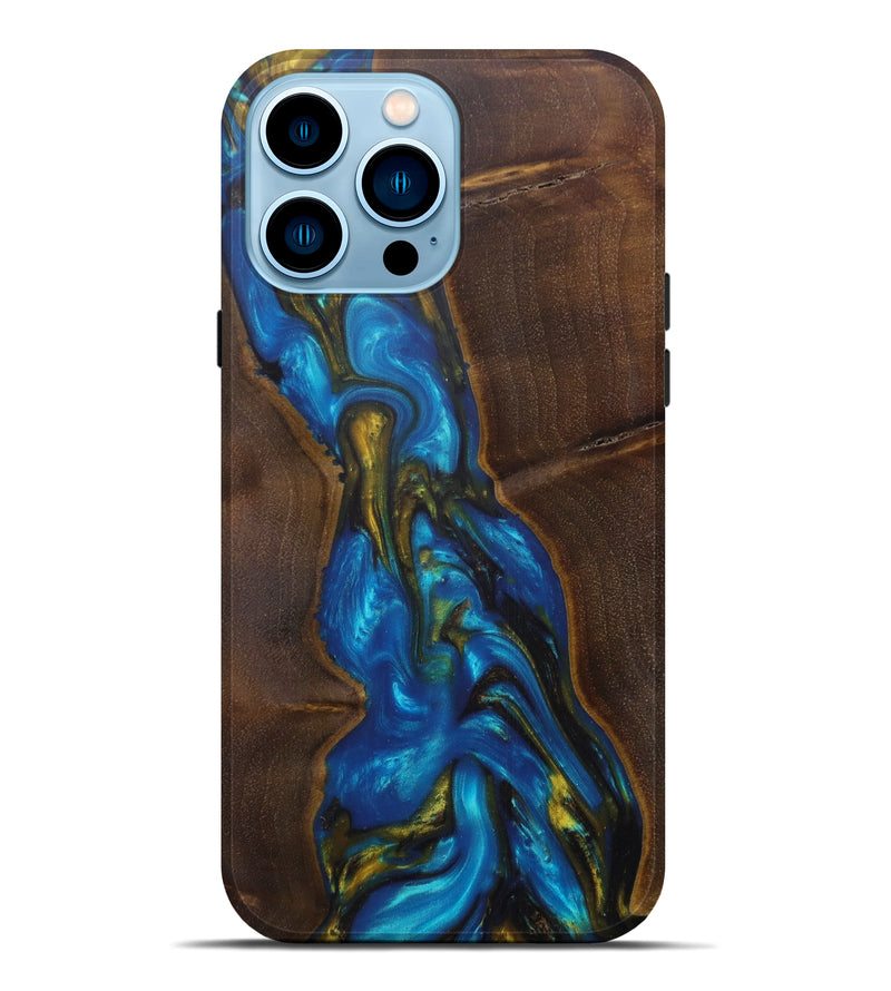 iPhone 14 Pro Max Wood+Resin Live Edge Phone Case - Bettye (Teal & Gold, 599129)