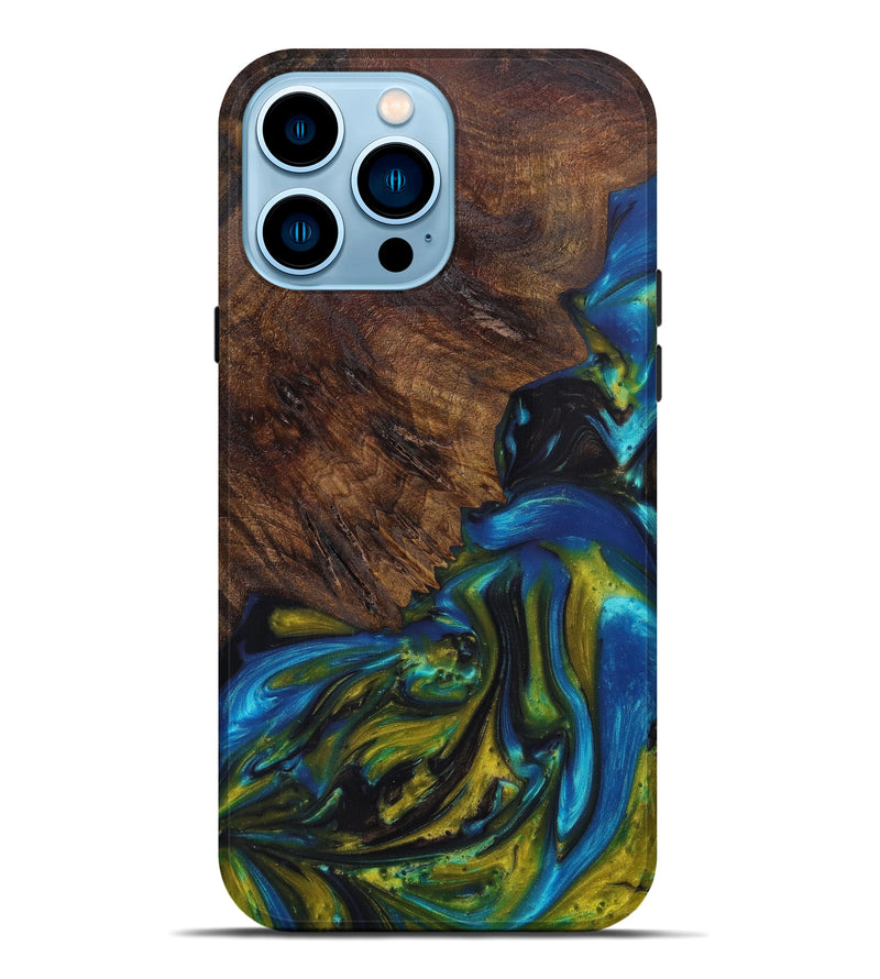 iPhone 14 Pro Max Wood+Resin Live Edge Phone Case - Harley (Teal & Gold, 609964)