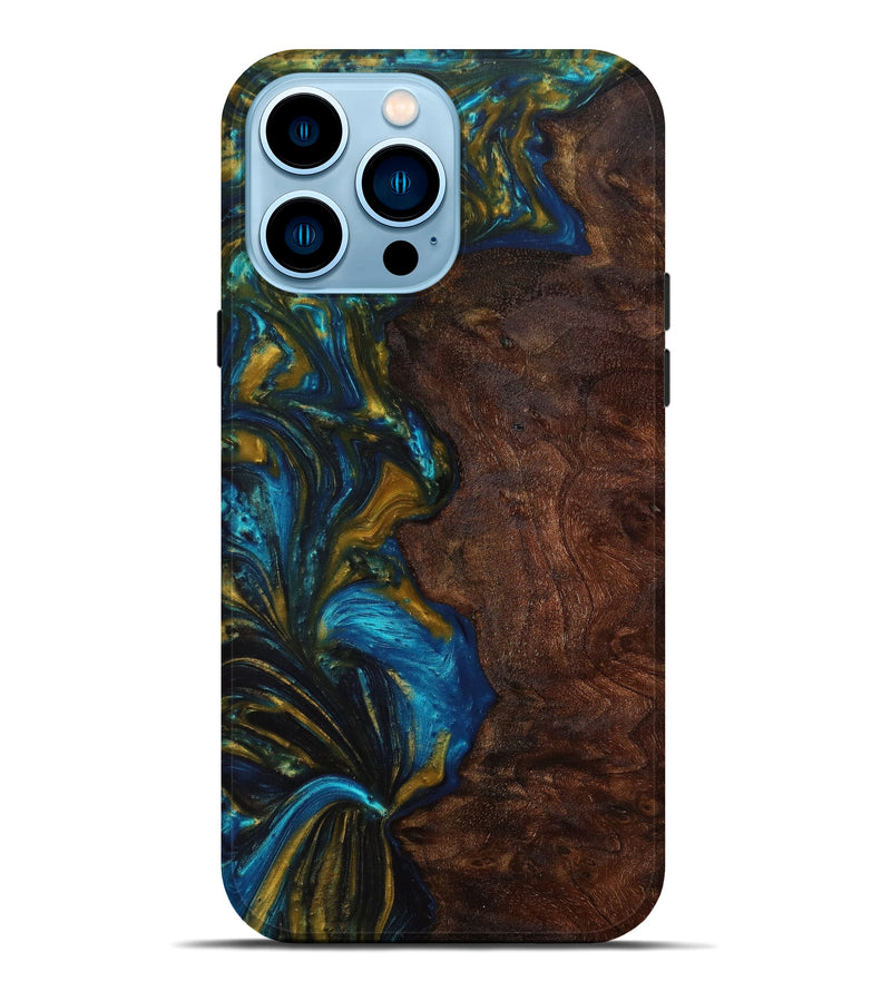 iPhone 14 Pro Max Wood+Resin Live Edge Phone Case - Jazlene (Teal & Gold, 622991)
