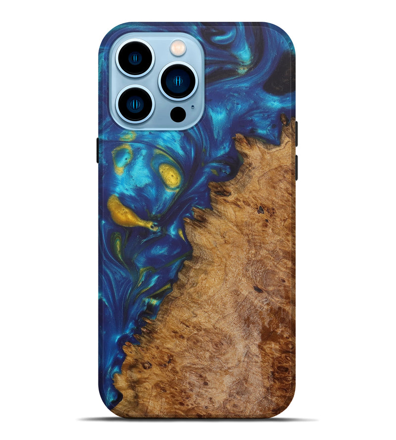iPhone 14 Pro Max Wood+Resin Live Edge Phone Case - Jami (Teal & Gold, 609957)