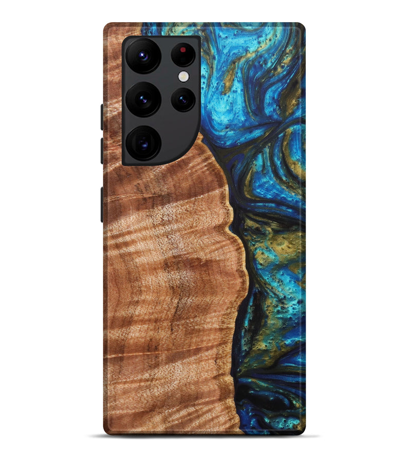 Galaxy S22 Ultra Wood+Resin Live Edge Phone Case - Candice (Teal & Gold, 637037)