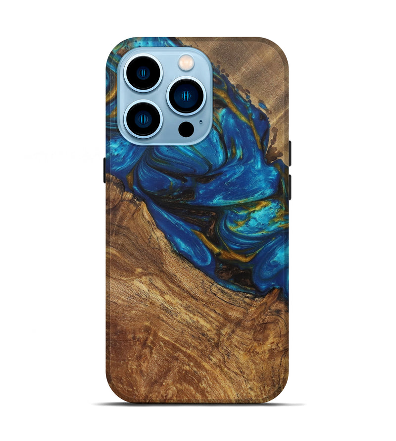 iPhone 14 Pro Wood+Resin Live Edge Phone Case - Diego (Teal & Gold, 581685)