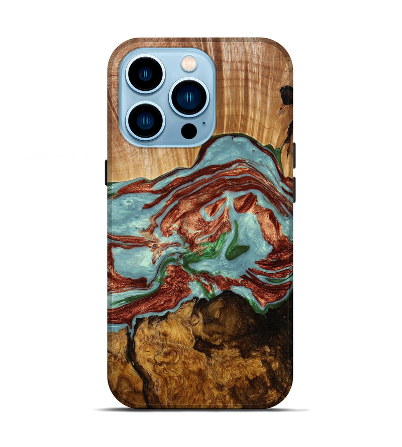 iPhone 14 Pro Wood+Resin Live Edge Phone Case - Amari (Teal & Gold, 643986)