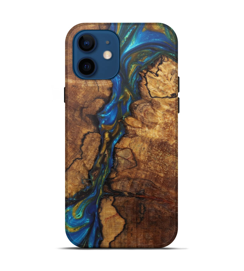 iPhone 12 Wood+Resin Live Edge Phone Case - Marcille (Teal & Gold, 599156)