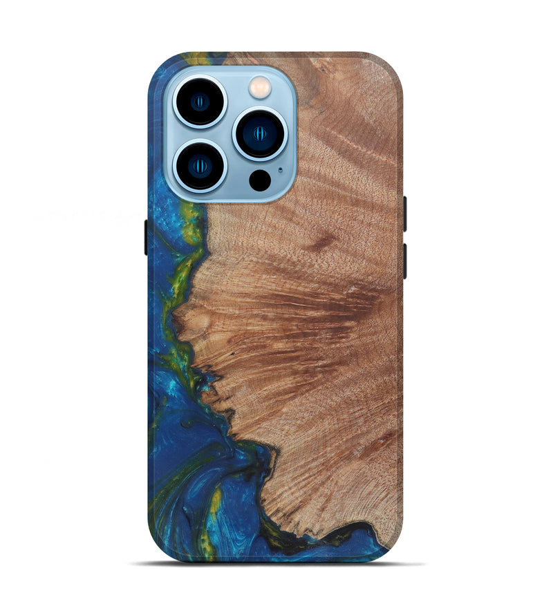 iPhone 14 Pro Wood+Resin Live Edge Phone Case - Erik (Teal & Gold, 590642)