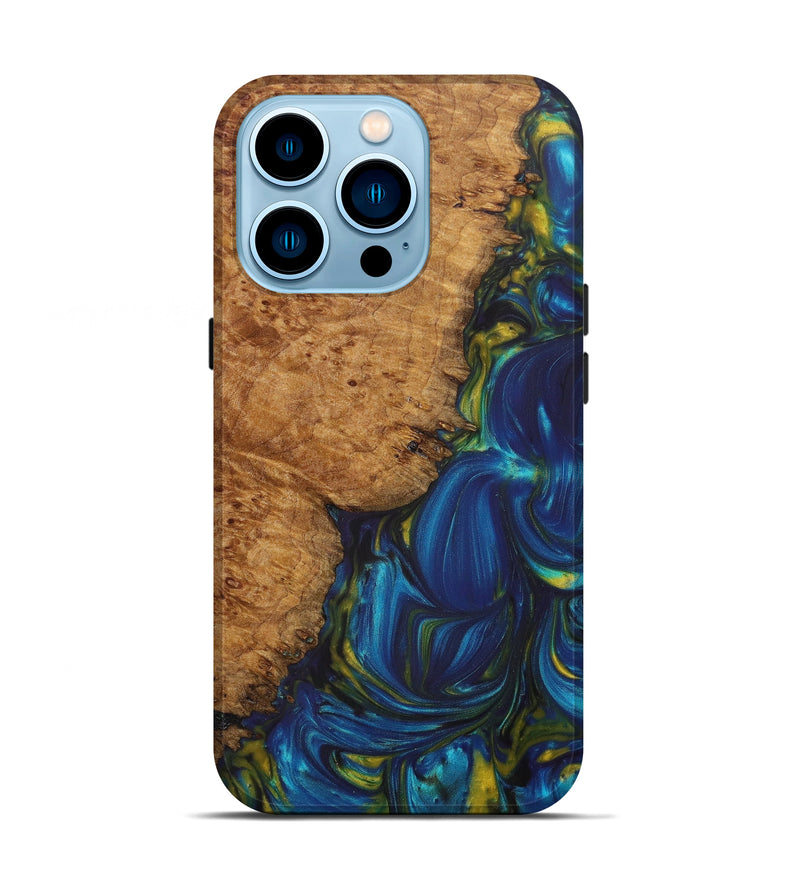 iPhone 14 Pro Wood+Resin Live Edge Phone Case - Adalyn (Teal & Gold, 609966)