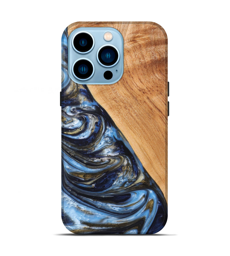 iPhone 14 Pro Wood+Resin Live Edge Phone Case - Fernanda (Teal & Gold, 635539)