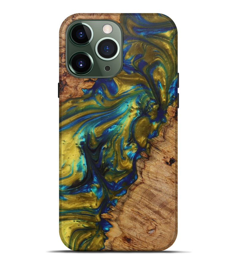 iPhone 13 Pro Max Wood+Resin Live Edge Phone Case - Alena (Teal & Gold, 622912)