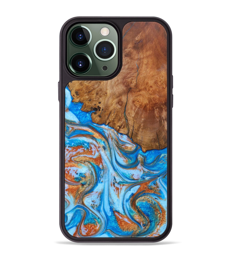 iPhone 13 Pro Max Wood+Resin Phone Case - Chance (Teal & Gold, 637303)