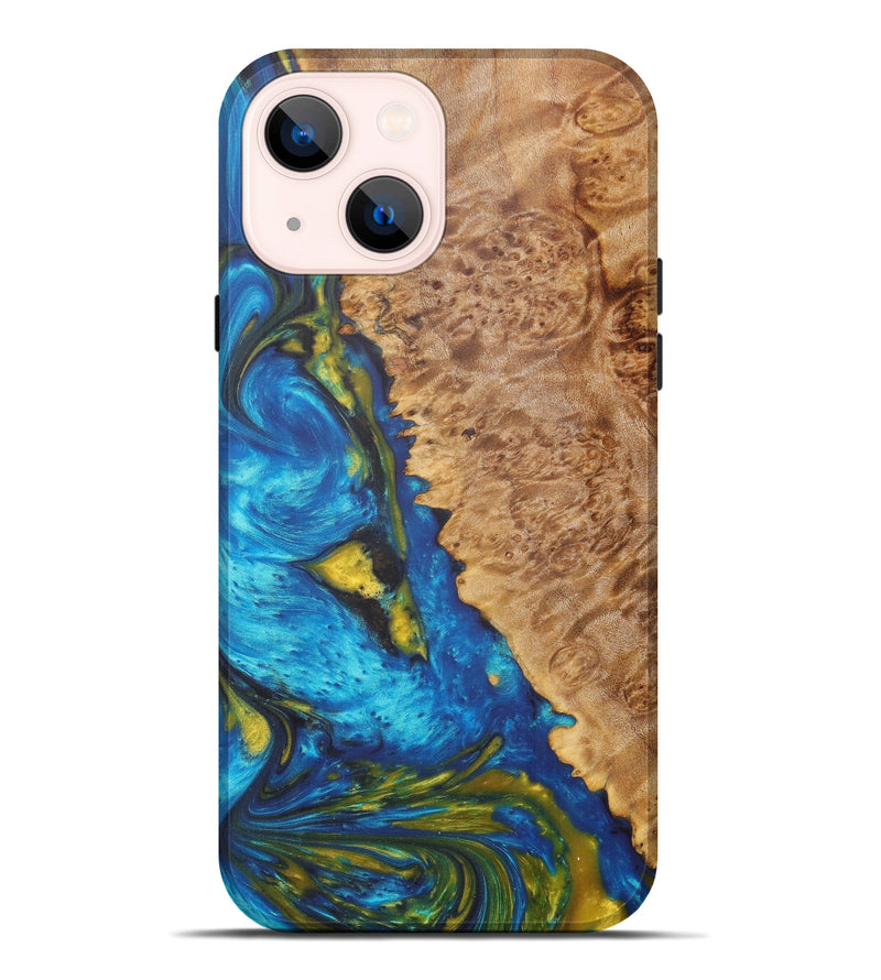 iPhone 14 Plus Wood+Resin Live Edge Phone Case - Wayne (Teal & Gold, 605598)