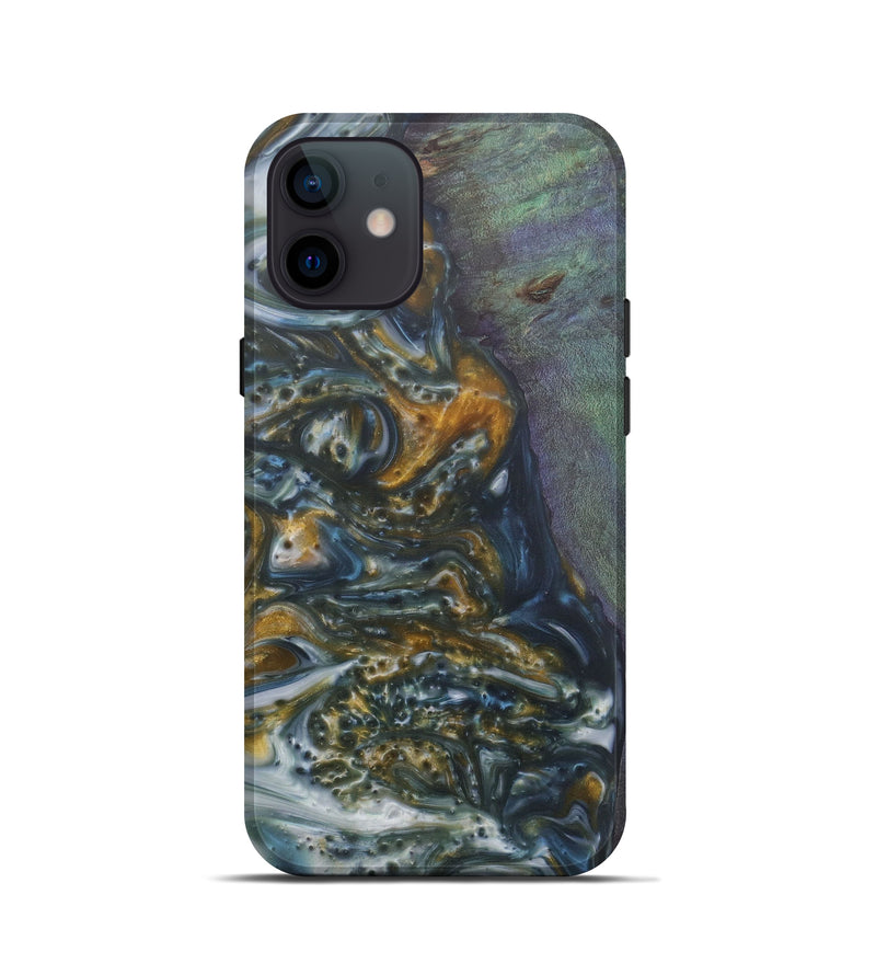 iPhone 12 mini Wood+Resin Live Edge Phone Case - Beryl (Teal & Gold, 577496)