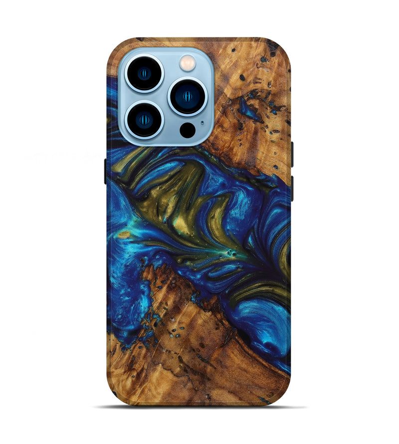 iPhone 14 Pro Wood+Resin Live Edge Phone Case - Mable (Teal & Gold, 635688)