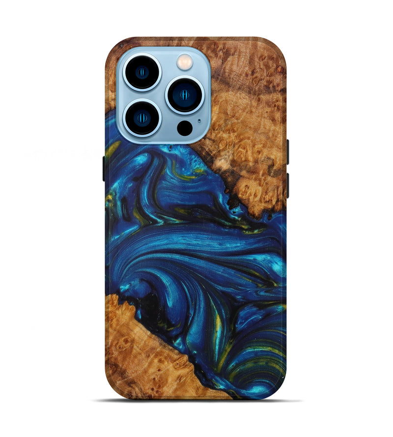 iPhone 14 Pro Wood+Resin Live Edge Phone Case - Ayleen (Teal & Gold, 610374)