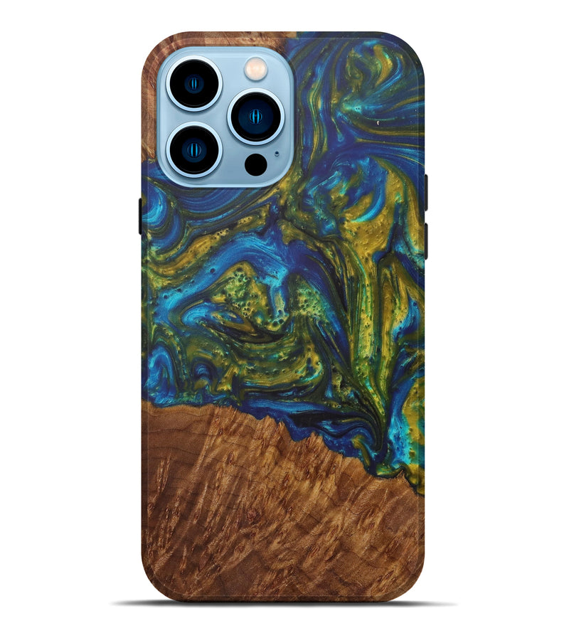 iPhone 14 Pro Max Wood+Resin Live Edge Phone Case - Delmar (Teal & Gold, 610330)