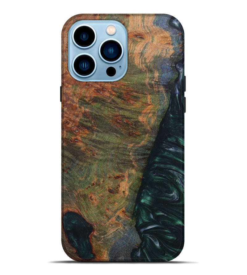 iPhone 14 Pro Max Wood+Resin Live Edge Phone Case - Emmaline (Green, 622903)