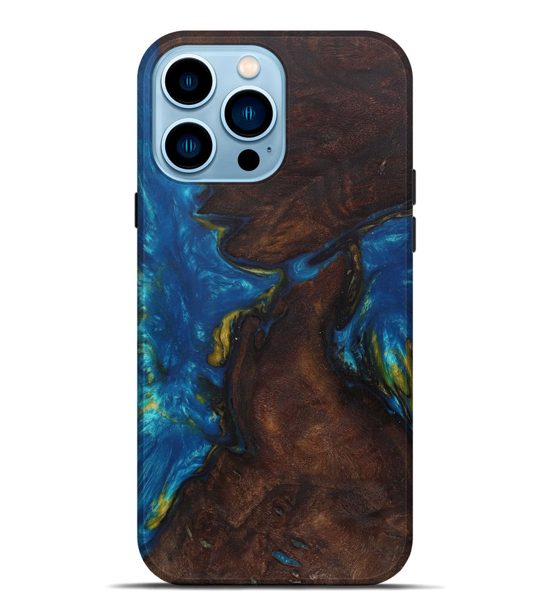 iPhone 14 Pro Max Wood+Resin Live Edge Phone Case - Kathlin (Teal & Gold, 587767)