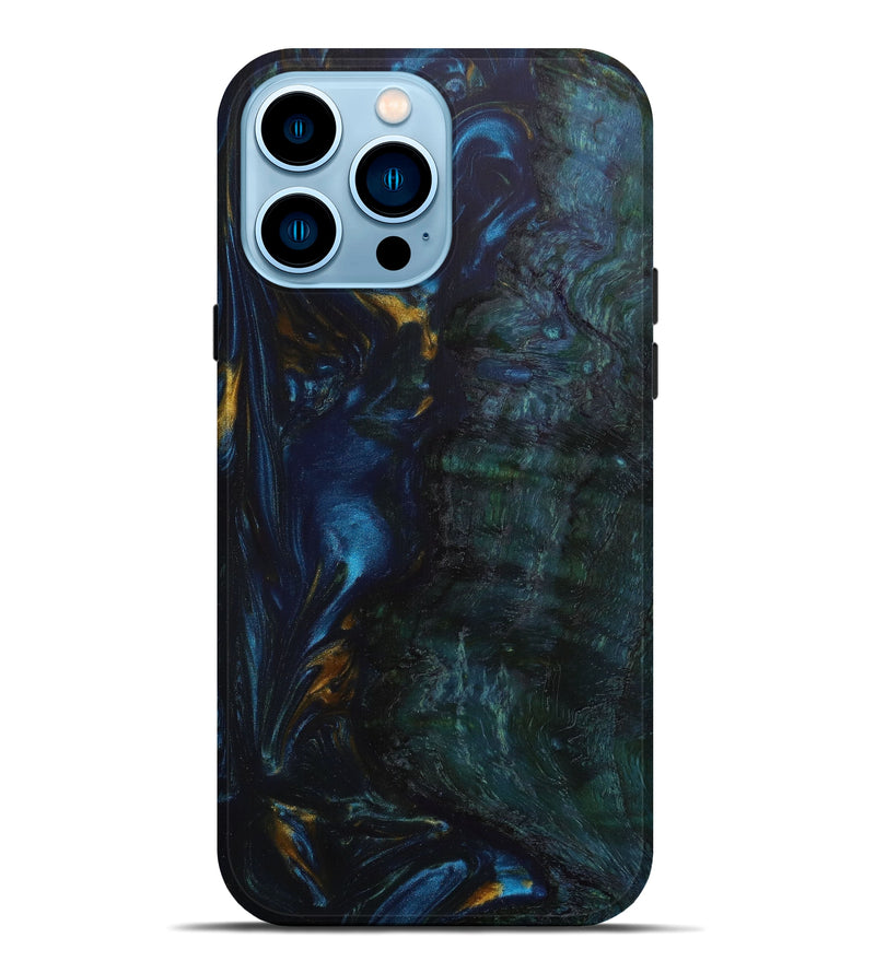 iPhone 14 Pro Max Wood+Resin Live Edge Phone Case - Finn (Teal & Gold, 641207)