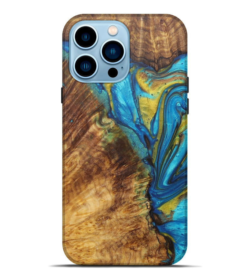 iPhone 14 Pro Max Wood+Resin Live Edge Phone Case - Carlotta (Teal & Gold, 599178)