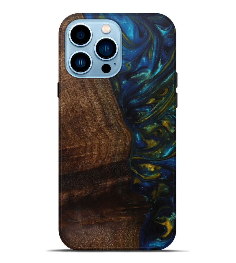 iPhone 14 Pro Max Wood+Resin Live Edge Phone Case - Tarra (Teal & Gold, 585186)