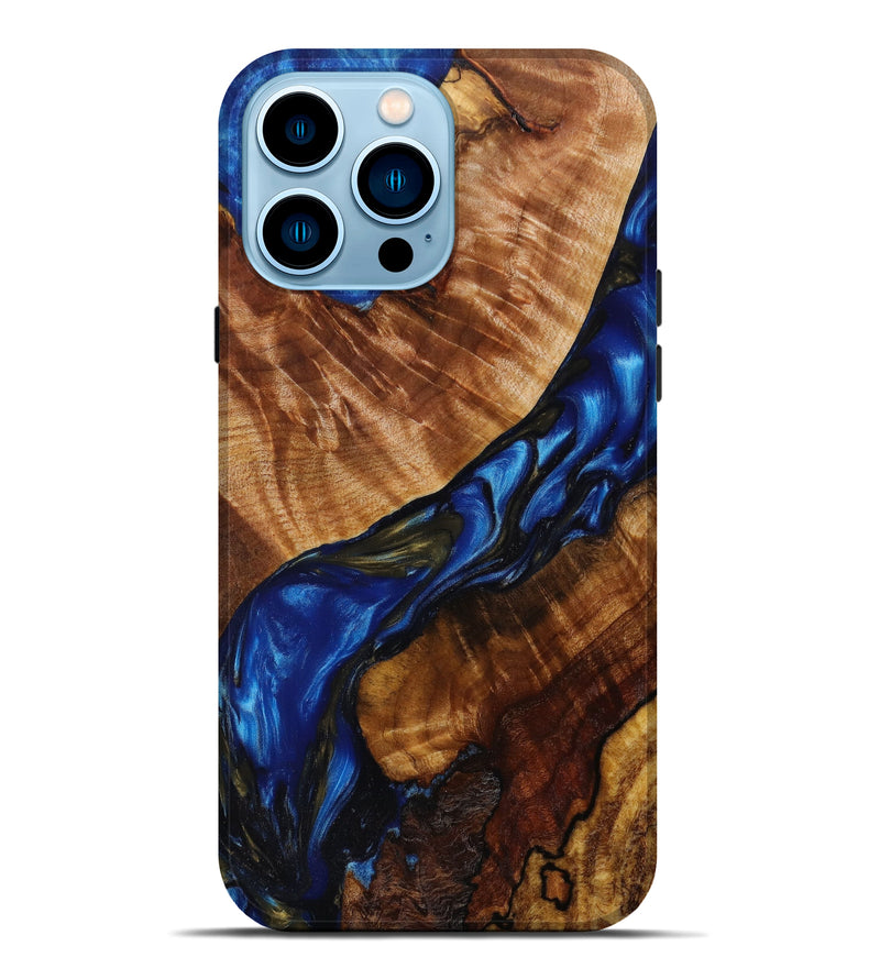 iPhone 14 Pro Max Wood+Resin Live Edge Phone Case - Korbyn (Teal & Gold, 610642)