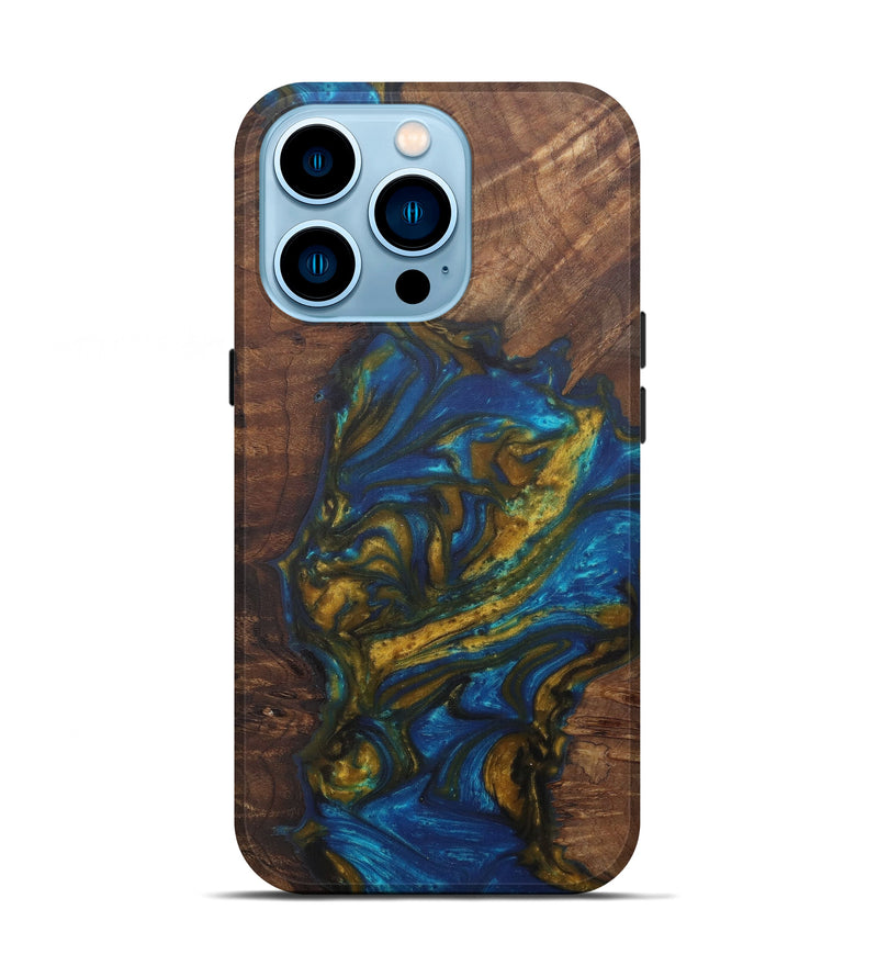 iPhone 14 Pro Wood+Resin Live Edge Phone Case - Lashonda (Teal & Gold, 592348)