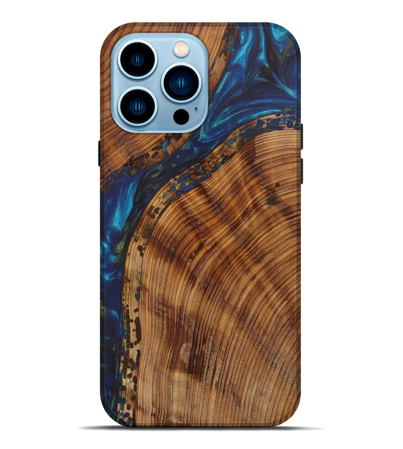 iPhone 14 Pro Max Wood+Resin Live Edge Phone Case - Finn (Teal & Gold, 619515)