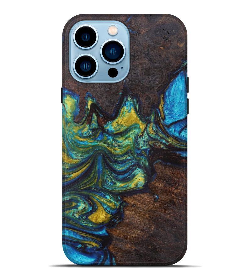 iPhone 14 Pro Max Wood+Resin Live Edge Phone Case - Kimiko (Teal & Gold, 603720)