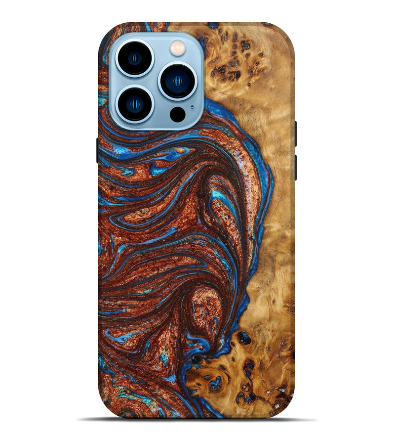 iPhone 14 Pro Max Wood+Resin Live Edge Phone Case - Wanda (Teal & Gold, 642814)