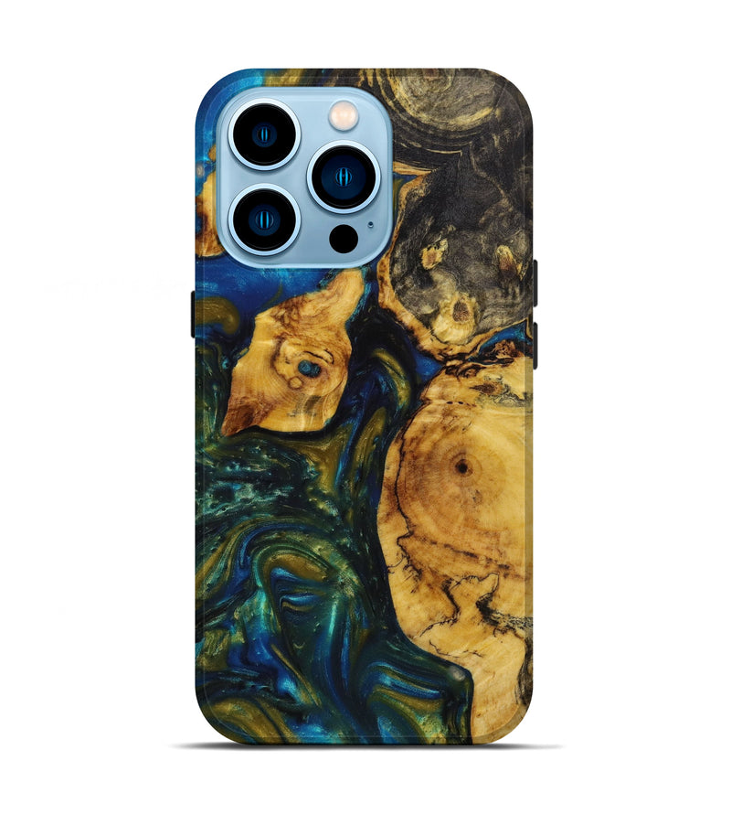 iPhone 14 Pro Wood+Resin Live Edge Phone Case - Cynthia (Teal & Gold, 641950)