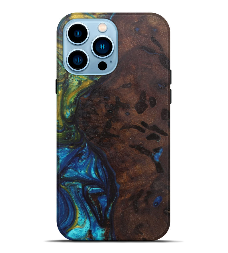 iPhone 14 Pro Max Wood+Resin Live Edge Phone Case - Tricia (Teal & Gold, 600158)