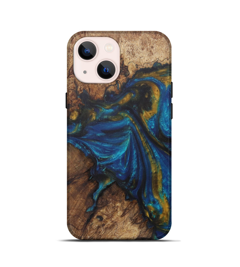 iPhone 13 mini Wood+Resin Live Edge Phone Case - Madelena (Teal & Gold, 592353)