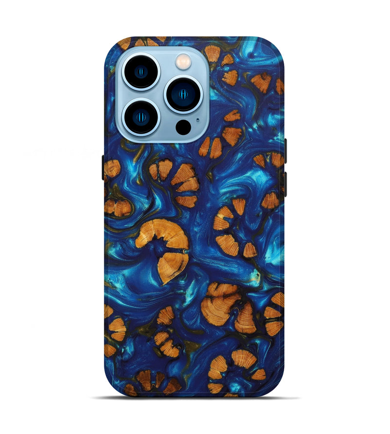 iPhone 14 Pro Wood+Resin Live Edge Phone Case - Hudai (Teal & Gold, 633132)