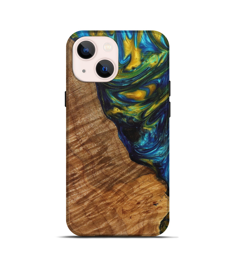 iPhone 13 mini Wood+Resin Live Edge Phone Case - Channing (Teal & Gold, 628378)