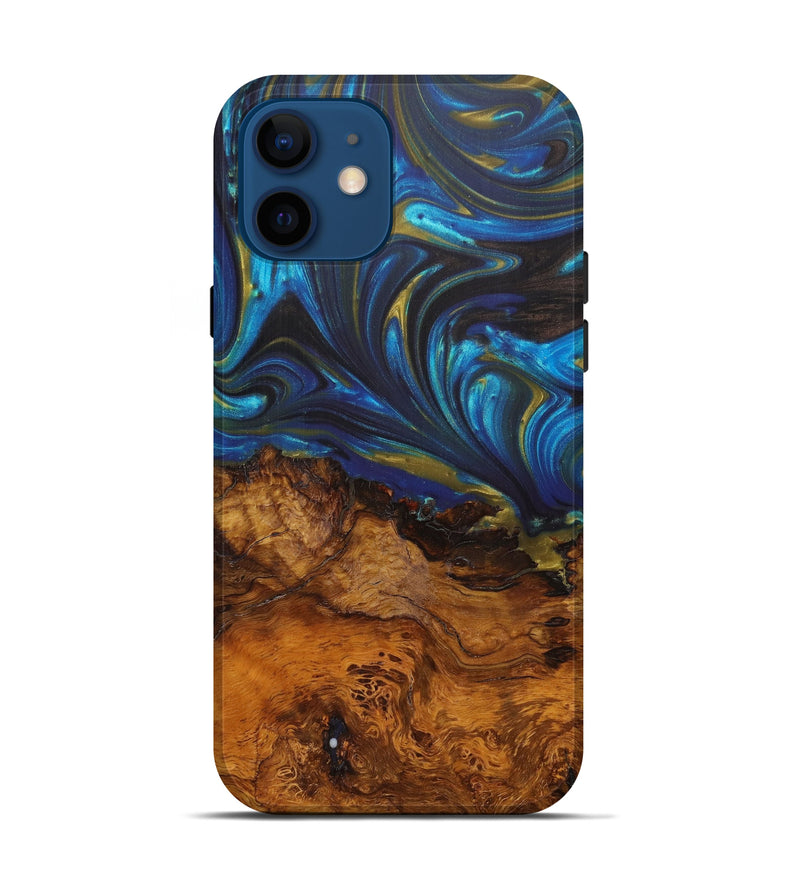 iPhone 12 Wood+Resin Live Edge Phone Case - Ana (Teal & Gold, 641201)